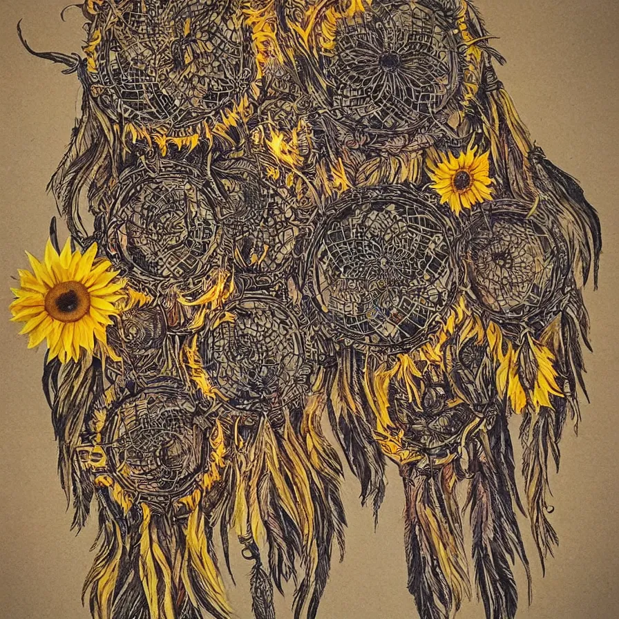 Prompt: Sunflowers dreamcatchers embedded into one another and burning with smoke and flames. Artwork with strong tribal influences.