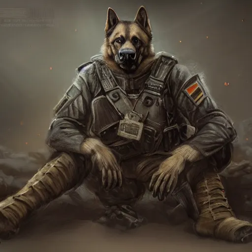 Image similar to a humanoid german shepherd beast - man in military style, sitting on the carpeted floor beside a bed, highly detailed portrait, digital painting, artstation, concept art, smooth, sharp foccus ilustration, artstation