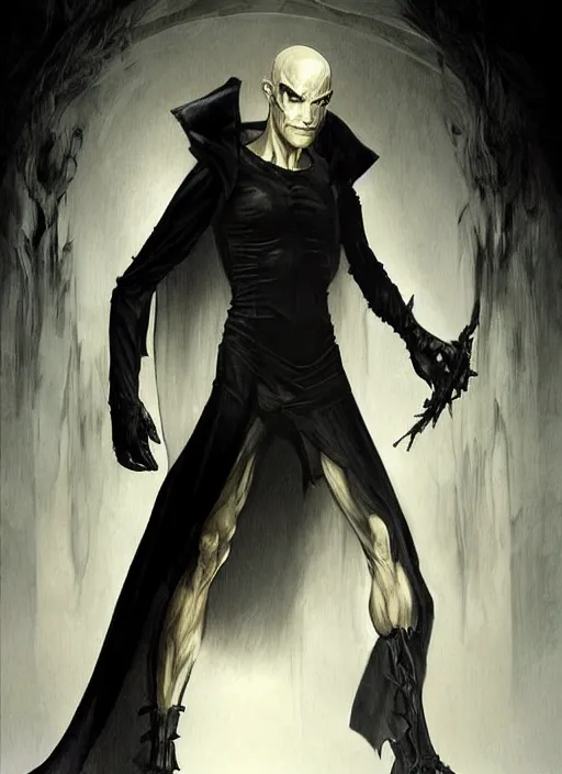 Image similar to elegant renaissance concept art of a male young muscular neo from matrix 1 as sandman from vertigo comics, the crow 1 9 9 4, full figure dynamic fighting pose, pale skin!, gothic, black overcoat, fantasy, intricate, highly detailed, digital painting, artstation, smooth, sharp focus, illustration, art by artgerm and greg rutkowski and alphonse mucha