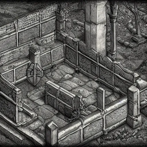 Prompt: medieval cemetery, highly detailed, digital art, isometric