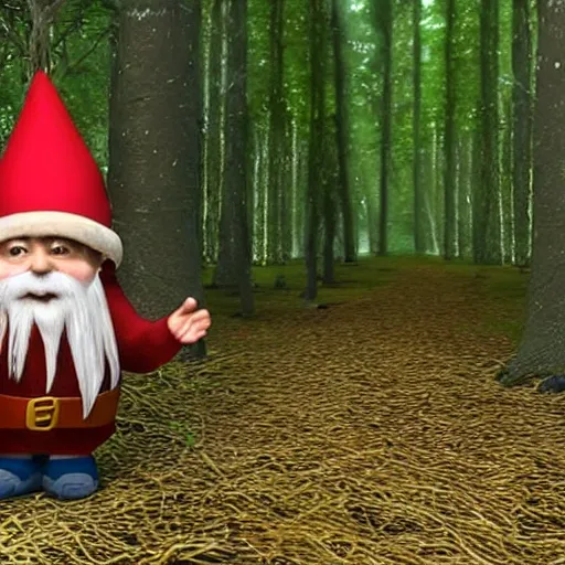 Image similar to bad quality screenshot of a leaked video of a small creature dressed as gnome walking through a forest trail, photo taken from far away, night time, bright camera flash, camera shaking, disturbing, very scary, realistic, very disturbing, ultrarealistic, 480p, scary