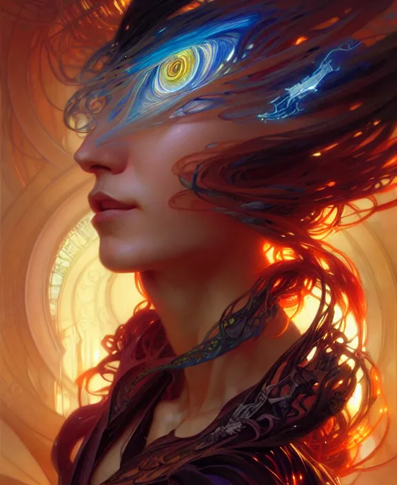 Image similar to a whirlwind of souls ushing inside the metaverse, half body, glowin eyes, d d, fantasy, intricate, elegant, highly detailed, colorful, vivid color, digital painting, artstation, concept art, art by artgerm and greg rutkowski and alphonse mucha and ruan jia