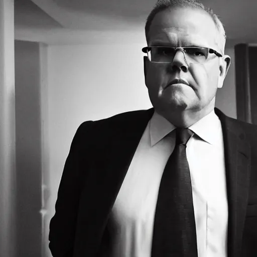 Image similar to ultrarealistic photo of former prime minister scott morrison lurking in the shadows in the style of film noir, full body, hiding, high contrast, 8 k, raw, unedited, symmetrical balance, in - frame