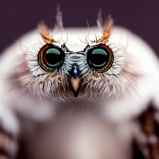 Prompt: jumping spider mixed with owl, cute creature, hybrid, anamorphic lens, bokeh, kodak color film stock, macro shot