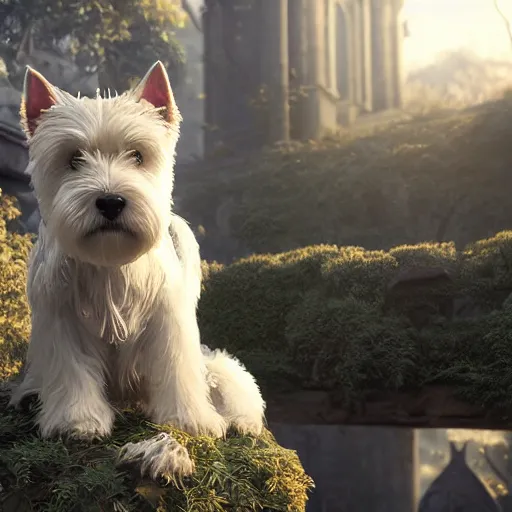 Prompt: west highland terrier, fairy tale, stunning, surrounding cinematic light, hyper detailed, ornate and intricate, 4 k cinematic octane render