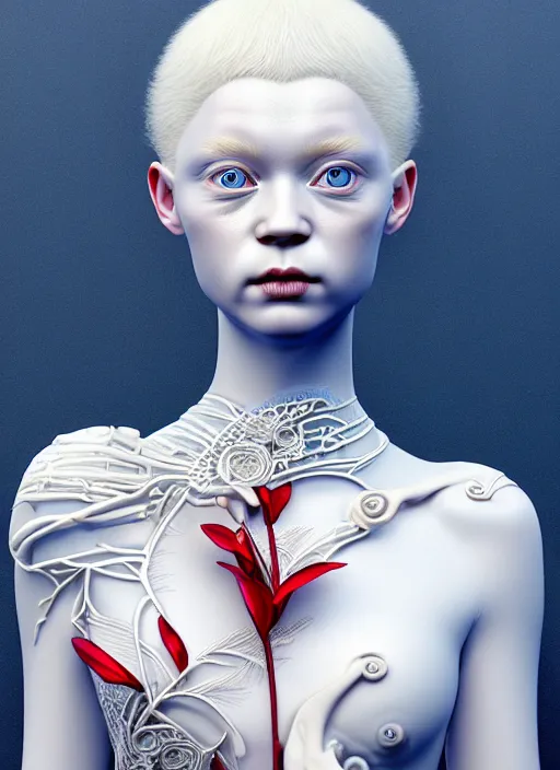 Prompt: complex 3d render ultra detailed of a beautiful porcelain profile young albino woman face, blue eyes, biomechanical cyborg, 200 mm lens, beautiful studio soft light, rim light, silver white gold red details, magnolia big leaves achromatic and stems, roots, fine foliage lace, mesh wire, Alexander Mcqueen high fashion haute couture, art nouveau fashion embroidered, intricate details, hyper realistic, ultra detailed, mandelbrot fractal, anatomical, facial muscles, cable wires, microchip, elegant, octane render, H.R. Giger style, 8k post-production, trending on Artstation