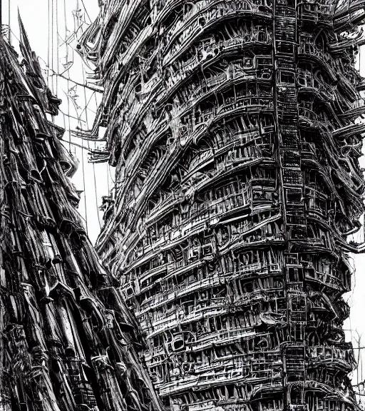 Image similar to tower of lies, colored manga, by tsutomu nihei, tarkovsky, majestic ancient tower of babylon of terror, a woman in cyber clothing, hyperrealistic, blame manga, full color, cyber architecture, intricate, illustration, concept art, hyper - detailed, smooth, masterpiece, epic, cinematic, high quality