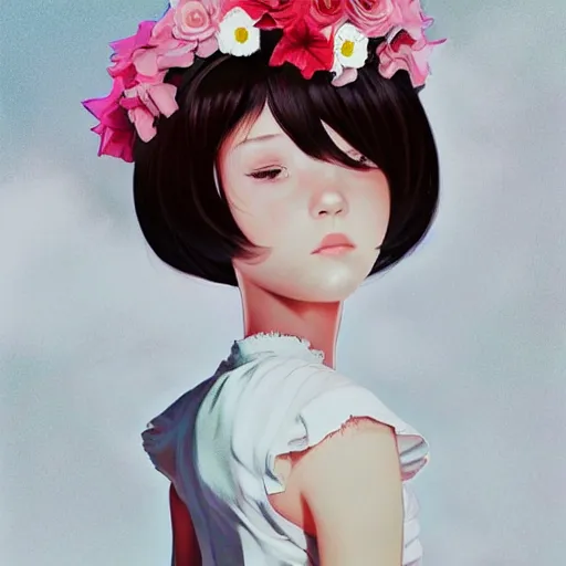 Prompt: little girl with flowers in hair wearing an white dress, art by ilya kuvshinov, profile picture, inspired in hirohiko araki, realistic, highly detailed