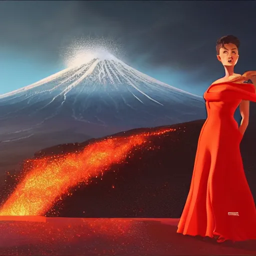 Prompt: luxury advertisement, a highly detailed epic cinematic concept art CG render digital painting artwork of a woman in a red dress posing in front of an erupting volcano. By Greg Rutkowski, Ilya Kuvshinov, WLOP, Stanley Artgerm Lau, Ruan Jia and Fenghua Zhong, trending on ArtStation, made in Maya, Blender and Photoshop, octane render, excellent composition, cinematic atmosphere, dynamic dramatic cinematic lighting, aesthetic, very inspirational, arthouse