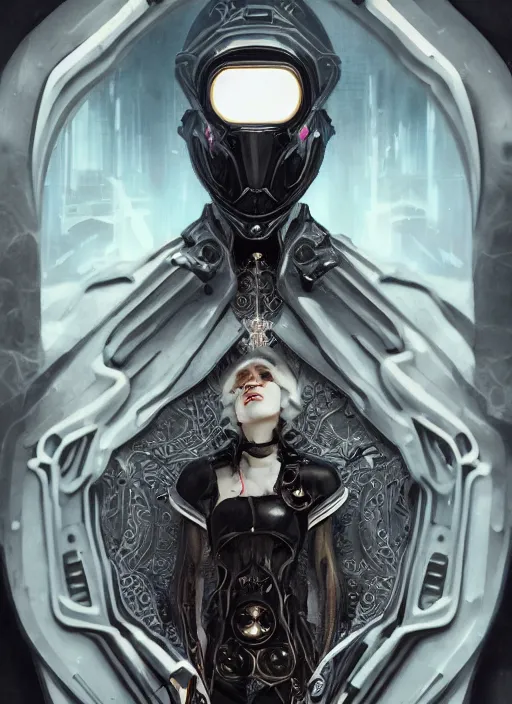 Image similar to a cyborg empress with mask, black leather garment with art nouveau ivory accessories, cyberpunk, darksynth, luxury, concept art by jama jurabaev, extremely detailed, ominous, ethereal, artstation, andree wallin, edvige faini, balaskas, alphonse mucha, symmetry