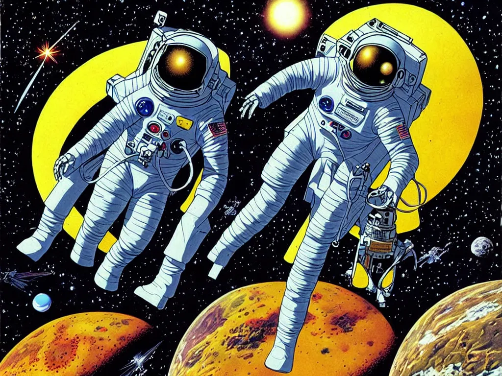 Image similar to Pacal Votan, Star navigator on a space walk wearing a futuristic cyberpunk spacesuit by Richard Corben