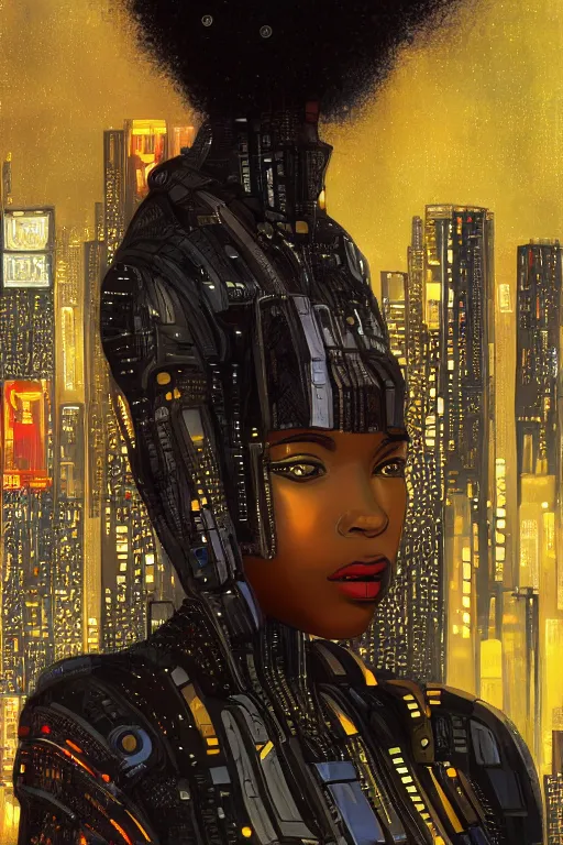 Prompt: a beautiful young Black woman, cyberpunk, Blade Runner city background, highly detailed, artstation, illustration, art by Gustav Klimt