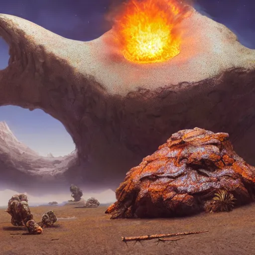 Prompt: Digital art of a meteorite containing an insect hive burning up in the atmosphere, Wayne Barlowe, Mike Winkelmann, Jessica Rossier 4k prehistoric geology