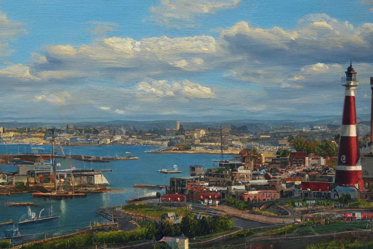 Prompt: beautiful landscape oil painting of portland maine, intricate, hyperrealistic, Close-up, low angle, ultra fine detail, ultra high resolution, fine texture detail, cinematic, 8k, photorealistic, epic, trending on artstation