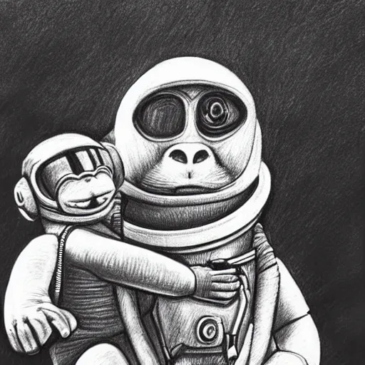 Prompt: pencil art, portait, highly detailed, epic, astronaut monkey holding hands with astronaut.