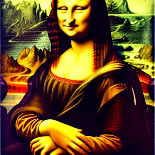 Prompt: Photo of a pre historic cave painting of Mona Lisa in the style of cave painting