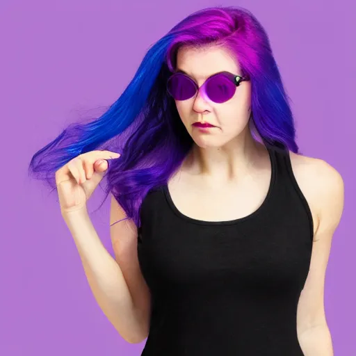 Prompt: a woman with 3 eyes and violet hair wearing a tank top.