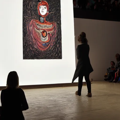 Image similar to art curator looking at a screen with a painting of empathy machine, recursive, on stage in the middle of a fashion show in the style of grand chamaco and stanley kubrick, inspired by juana molina, photorealistic, epic, super technical, cinematic still