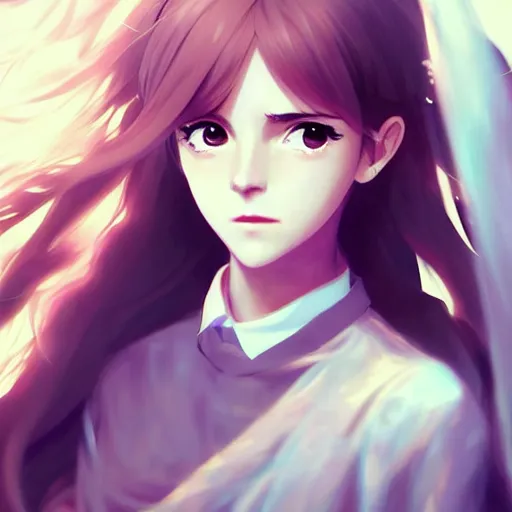 Image similar to anime portrait of emma watson as an anime girl by Stanley Artgerm Lau, WLOP, Rossdraws, James Jean, Andrei Riabovitchev, Marc Simonetti, and Sakimichan, trending on artstation