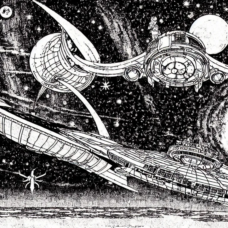 Image similar to cursed illustration of starship landing on starport, manga style of kentaro miura, by norman rockwell, weirdcore