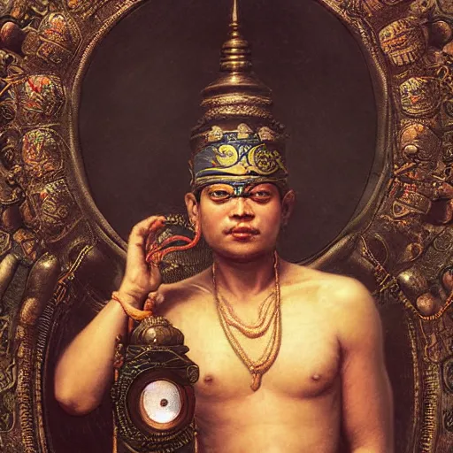 Prompt: srilankan buddhist monk blindfolded with high - teh vr steampunk headset armour baroque style, painting by gaston bussiere, craig mullins, j. c. leyendecker, lights, art by ernst haeckel, john william godward, hammershøi,