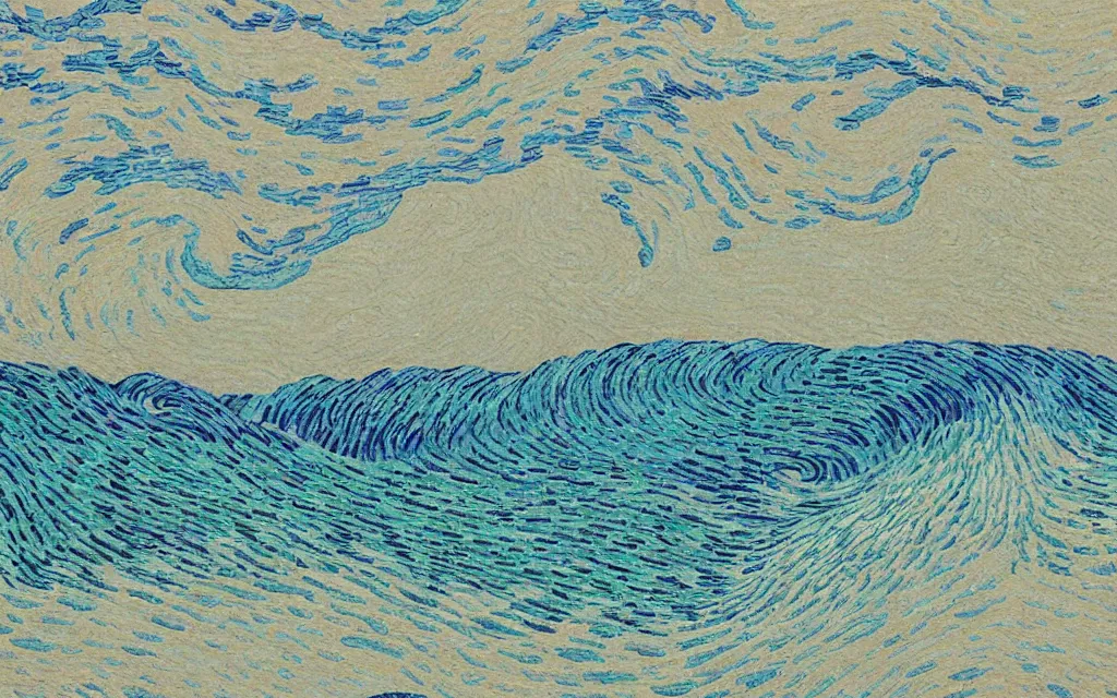 Prompt: a beautiful quiet beach in okinawa, fractal waves. japanese embroidery. retro minimalist art by jean giraud and van gogh.