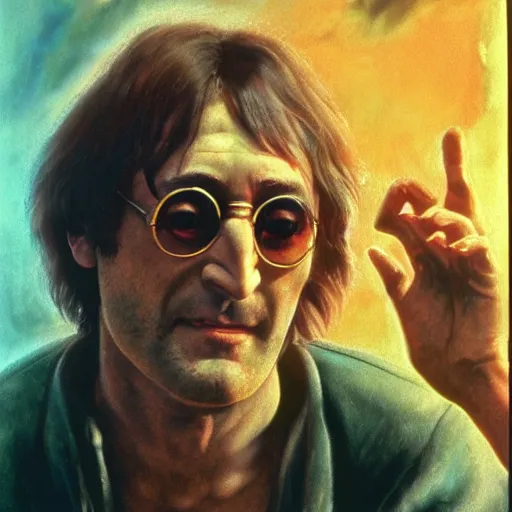 Image similar to john lennon as mickey knox in natural born killers, ultra realistic, concept art, intricate details, highly detailed, photorealistic, octane render, 8 k, unreal engine, art by frank frazetta, simon bisley, brom