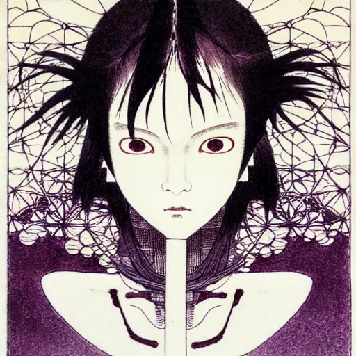 Prompt: prompt: Fragile looking soft light portrait face drawn by Takato Yamamoto and Katsuhiro Otomo, inspired by Ghost in Shell anime, magical and alchemical objects on the side, soft light, intricate detail, intricate ink painting detail, sharp high detail, manga and anime 2000