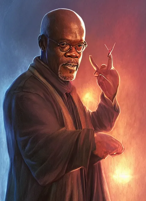 Prompt: Dramatic portrait photo of Samuel L Jackson as Harry Potter, wizard, cracked castle in background, dramatic lighting, digital painting, concept art, smooth, sharp focus, art by artgerm