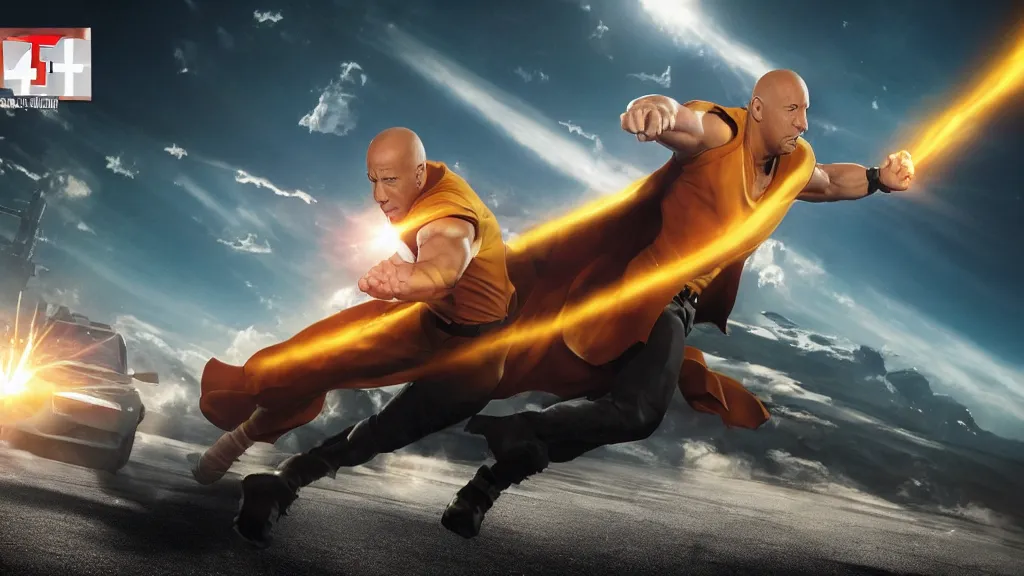 Image similar to vin diesel as saitama!!! throwing!!! a car!!!!!!!!!! into space, ultra realistic, lens flare, atmosphere, glow, detailed, intricate, full of colour, cinematic lighting, trending on artstation, 4 k, hyperrealistic, focused, extreme details, unreal engine 5, cinematic, masterpiece