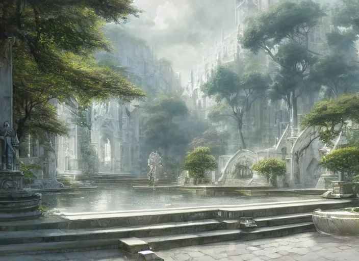 Image similar to A college in a beautiful elven city made of white marble, anime, lush trees, fountain, a fantasy digital painting by Greg Rutkowski and James Gurney, trending on Artstation, highly detailed