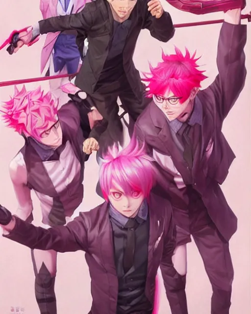 Image similar to Saiki K, Kusuo Saiki, pink hair male protagonist, manga artwork, detailed artwork, by Ruan Jia and Gil Elvgren, fullbody