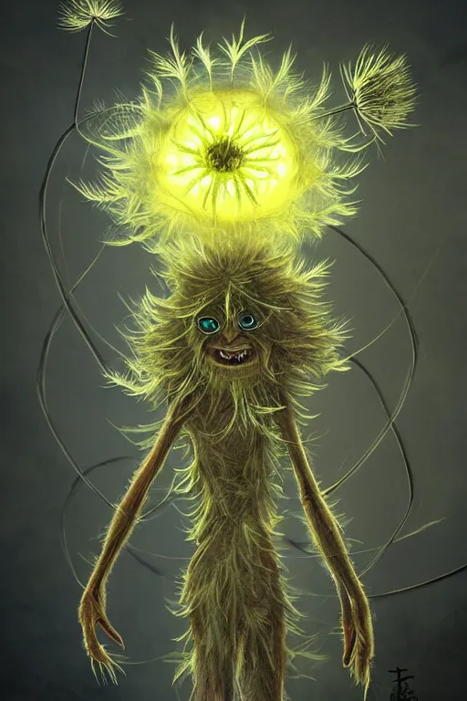 Image similar to a humanoid figure thistle dandelion monster with eyes, radiation glow, highly detailed, digital art, sharp focus, trending on art station, artichoke, anime art style