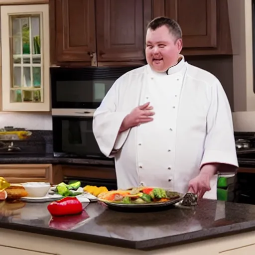 Prompt: fat catholic priest cooking show still