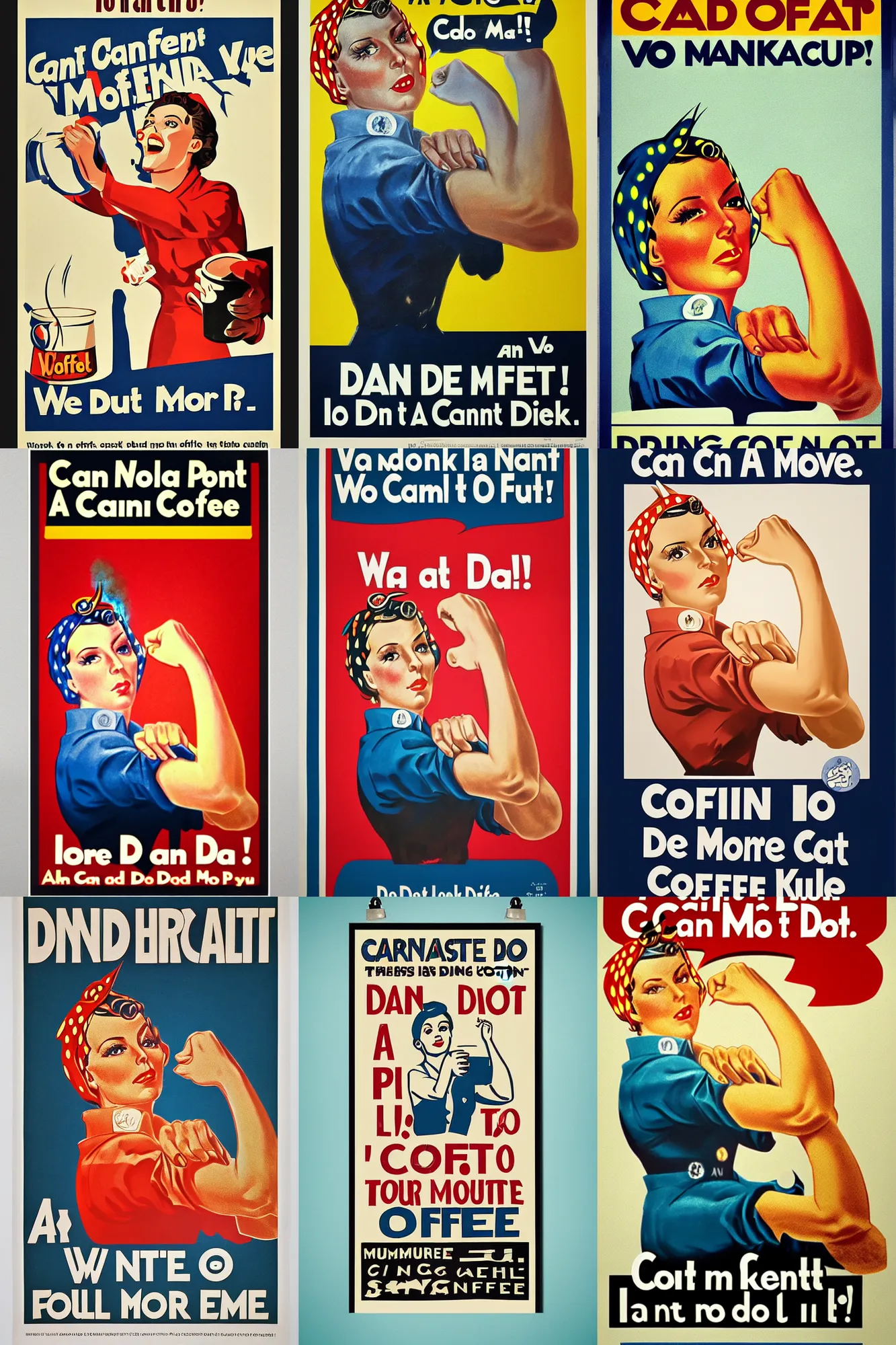Prompt: propaganda poster, we can do it, Drink more coffee, spirals in eyes, full colour print