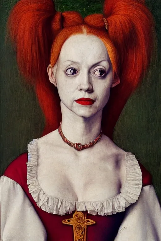 Image similar to portrait of harley quinn, oil painting by jan van eyck, northern renaissance art, oil on canvas, wet - on - wet technique, realistic, expressive emotions, intricate textures, illusionistic detail