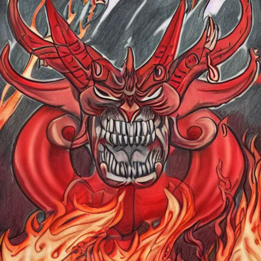 Image similar to full body drawing by Luke Starkie of a muscled horned Satan Devil , swimming tuxedo, red flames in background