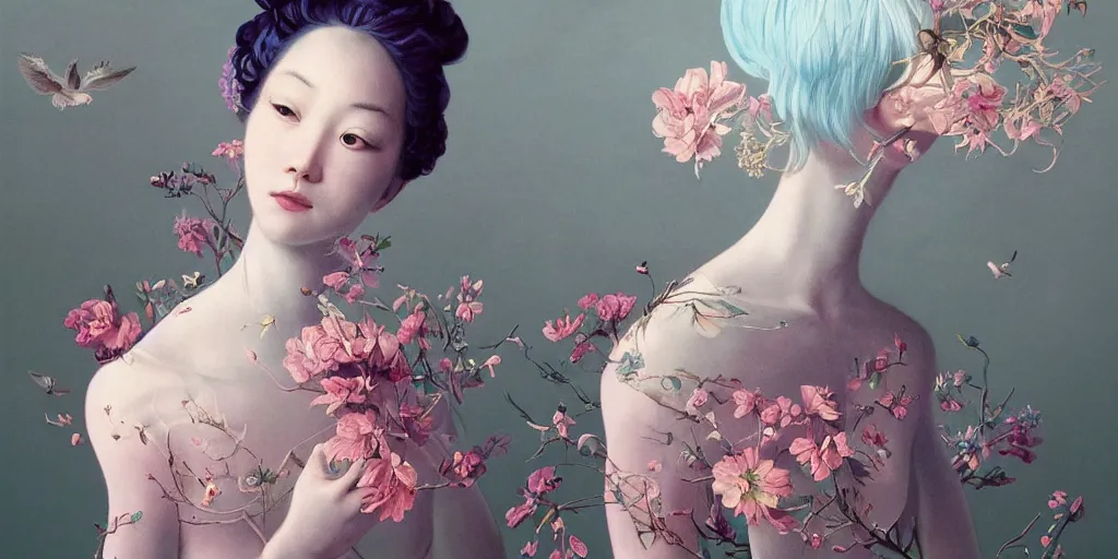 Image similar to breathtaking detailed concept art painting blend of two pink short hair goddess of light blue flowers by hsiao - ron cheng with anxious piercing eyes, vintage illustration pattern with bizarre compositions blend of flowers and fruits and birds by beto val and john james audubon, exquisite detail, extremely moody lighting, 8 k