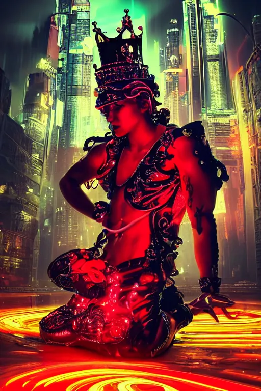 Prompt: full-body rococo and cyberpunk style neon statue of a muscular attractive Brasileiro sim roupa macho dotado e rico android sim roupa reclining con las piernas abiertas e la piroca dura e afuera, glowing red laser eyes, prince crown of red gears, diamonds, swirling black-colored silk fabric. futuristic elements. full-length view. aggressive space robots. giant balloon animals. human skulls. intricate artwork by caravaggio. Trending on artstation, octane render, cinematic lighting from the right, hyper realism, octane render, 8k, depth of field, 3D