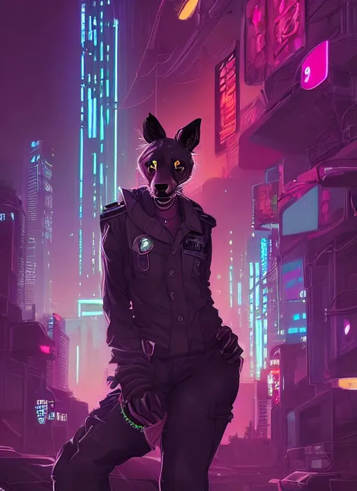 Prompt: beautiful portrait commission of a female furry anthro hyena fursona wearing a police uniform. Cyberpunk city at night in the rain. Neon light. Atmospheric. Character design by charlie bowater, ross tran, artgerm, and makoto shinkai, detailed, inked, western comic book art