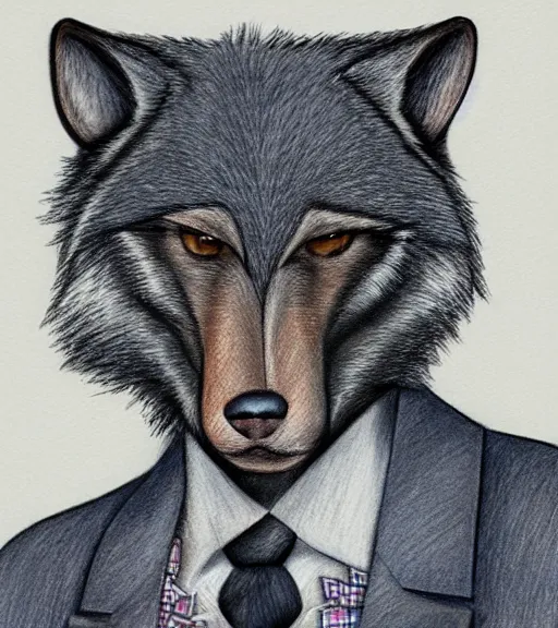 Image similar to master furry artist colored pencil drawing portrait of the anthro male anthropomorphic wolf fursona animal person detective wearing suit and tie