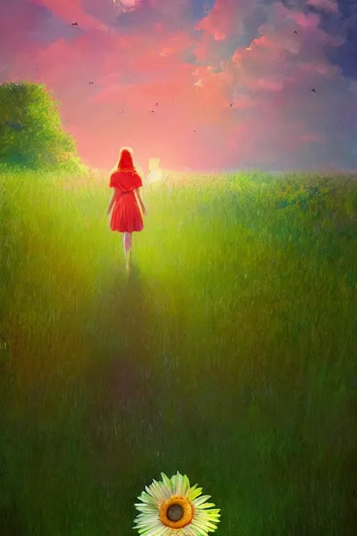 Image similar to giant daisy flower head, girl walking in a green forest, surreal photography, sunrise, dramatic light, impressionist painting, colorful clouds, digital painting, artstation, simon stalenhag