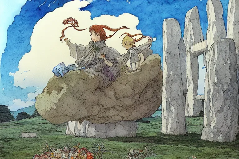 Image similar to a hyperrealist studio ghibli watercolor fantasy concept art. a giant hand is coming down from the sky holding a stone above stonehenge. by rebecca guay, michael kaluta, charles vess