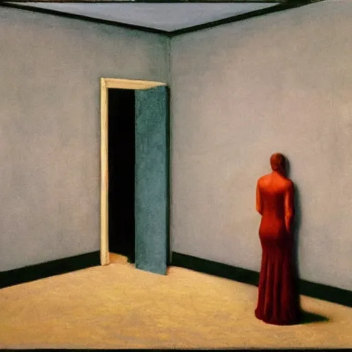 Image similar to a lonely figure in an haunted hotel abandoned room, hyperrealistic film still by edward hopper, by gottfried helnwein, by klimt, by de chirico, art noveau, highly detailed, strong lights, liminal, eerie, metaphysical, bright pastel colors,