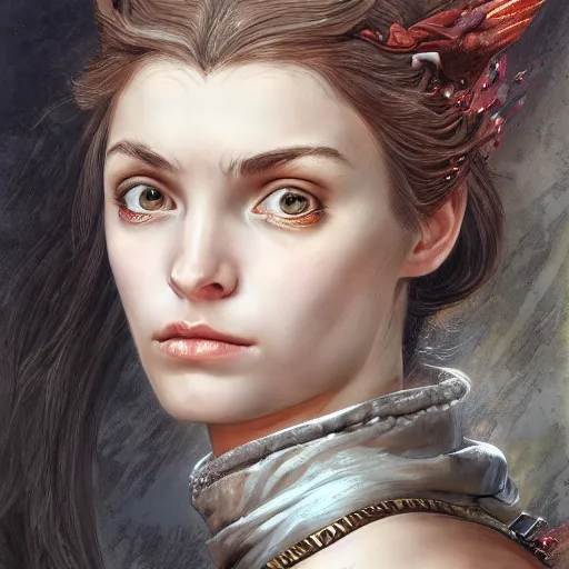 Image similar to high quality high detail portrait of a young gorgeous female warlock looking away from the camera, detailed eyes, no hands visiblefantasy, d & d, painting by lucian freud and mark brooks, hd