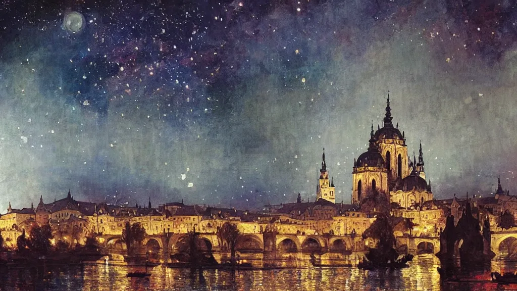 Prompt: a beautiful painting of a view from the river of a arabian prague cathedral palaces, at night with a sky full of stars, intricate, elegant, highly detailed, digital painting, artstation, concept art, by krenz cushart and artem demura and alphonse mucha