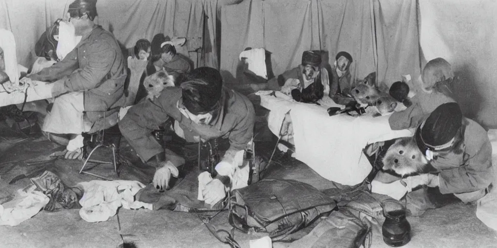 Image similar to photograph of hamsters in a ww 2 field hospital being treated by medic hamsters, detailed