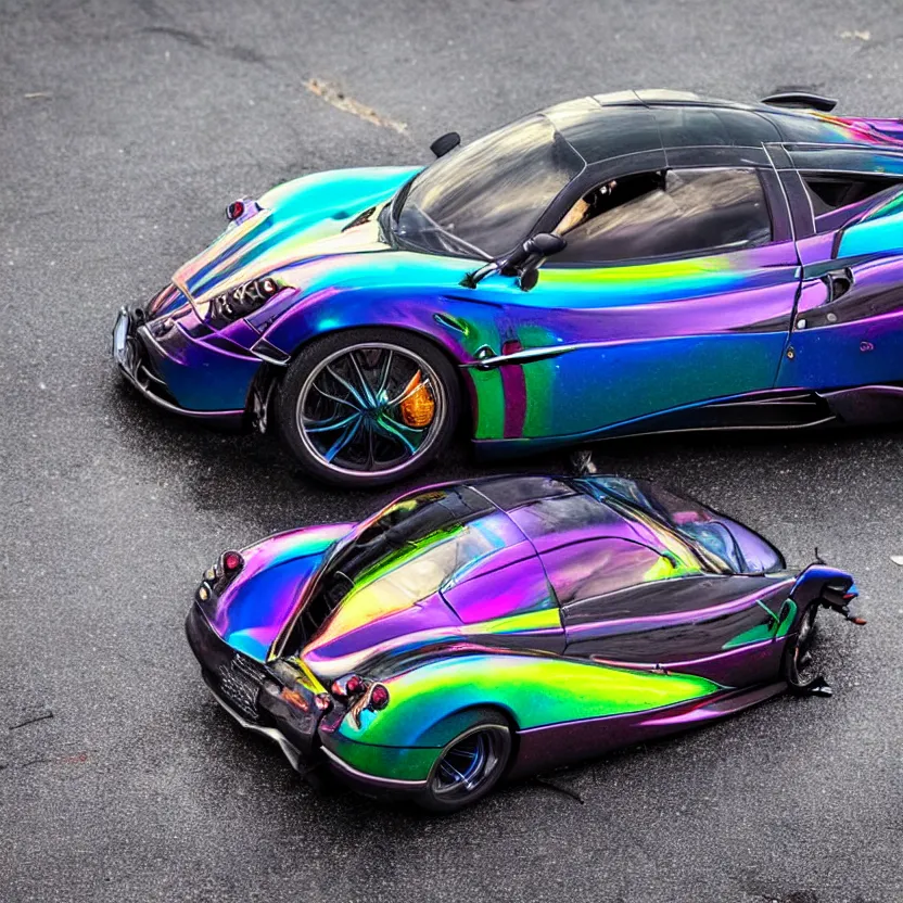 Image similar to close - up of an iridescent rainbow pagani huayra in an empty parking lot, after crashing crumpled body, smoke, melted plastic, puddles of fluid, 4 k, highly detailed, award winning, look at all that detail!