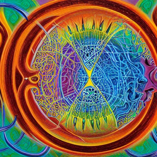 Prompt: Alex grey painting of popping a zit