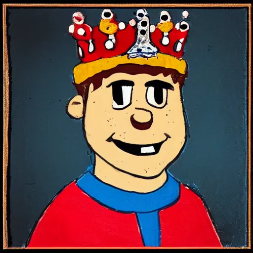 Image similar to “Waldo from where’s Waldo wearing a crown, realistic portrait”